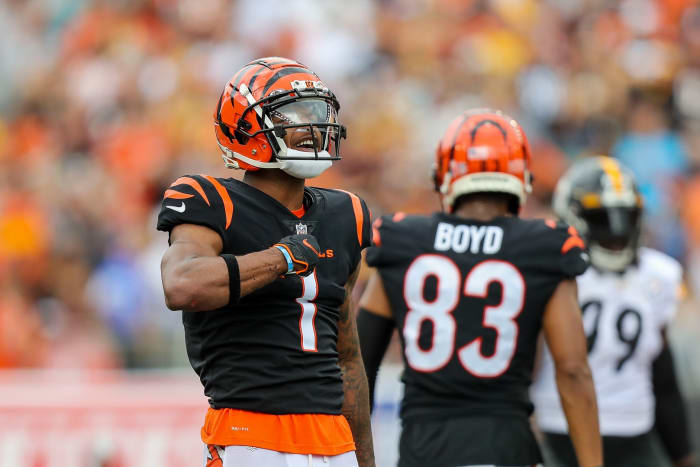 Sep 11, 2022; Cincinnati, Ohio, USA; Cincinnati Bengals wide receiver Ja'Marr Chase (1) reacts after moving the ball forward against the Pittsburgh Steelers in the first half at Paycor Stadium. Mandatory Credit: Katie Stratman-USA TODAY Sports